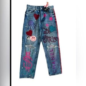 Bershka Jeans Women Barbie Design XS Check Measurements (0676)